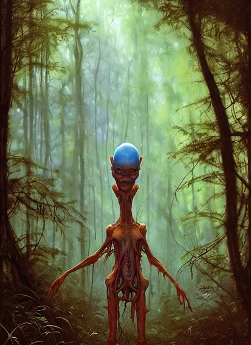 Image similar to hyper realistic magic alien in the woods in a river gorgeous lighting, lush forest foliage blue sky a hyper realistic painting by chiara bautista and beksinski and norman rockwell and greg rutkowski, tom bagshaw weta studio, and lucasfilm