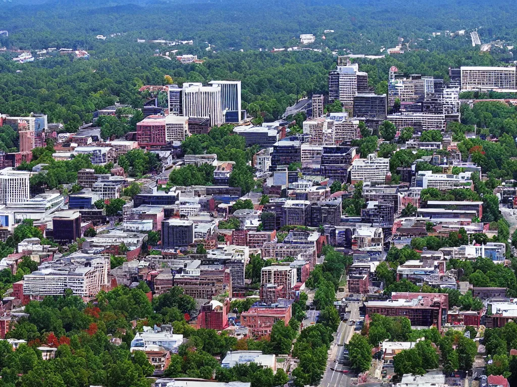 Image similar to “ aerial image of downtown asheville nc in the style of sim city 2 0 0 0 ”