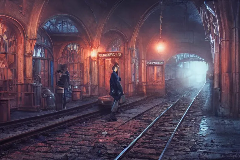 Image similar to some wizard waiting in hogwart train station in quiet dark city, hyper detailed, orange red blue tones dramatic lighting, cgsociety, realistic, hyper detailed, insane details, intricate, dramatic lighting, hypermaximalist, golden ratio, rule of thirds, octane render, weta digital, micro details, ultra wide angle, artstation trending, 8 k,