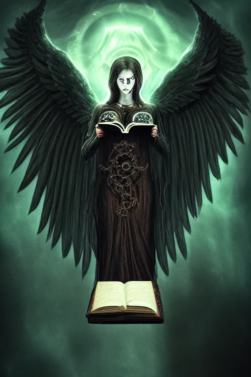 Image similar to dark angel holding a book of necronomicon, tarot card, symmetrical, cinematic, sharp focus, 4 k, ultra hd, sense of awe, sinister demonic atmosphere, dreadful, forbidden knowledge, old gods. demonology