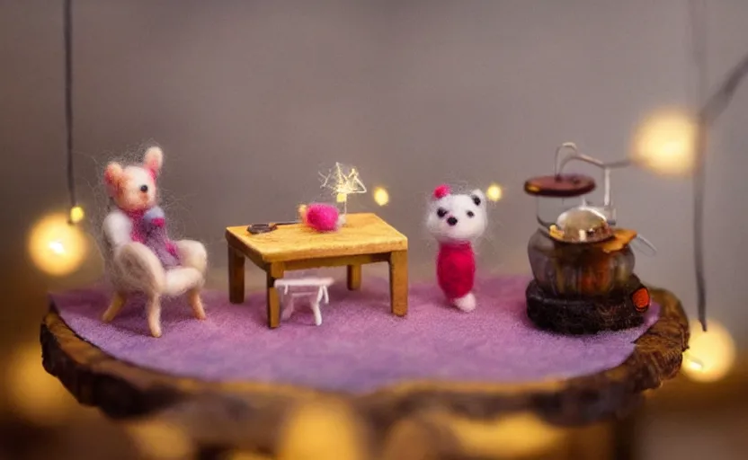 Prompt: mini cafe diorama macro photography, needle felted animals, ambient, atmospheric photograph, string lights, romantic