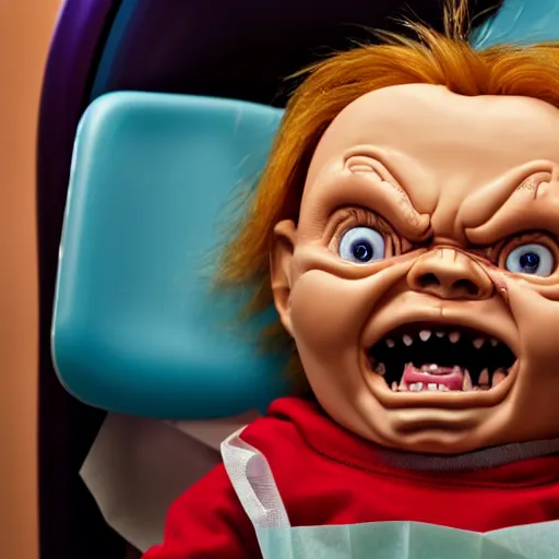 Image similar to chucky doll screaming at the dentist office while getting teeth cleaned