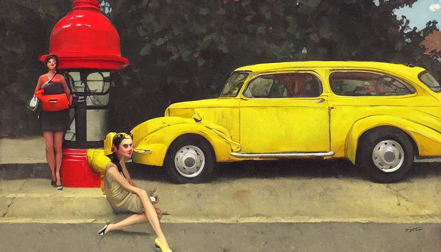 Image similar to a picture of a yellow-car parked next to a red-hydrant with a STYLISH! woman leaning against the car, BEUTIFUL!, surreal, in style of TOM BAGSHAW, painted by Norman Rockwell and Tom Lovell and Frank Schoonover