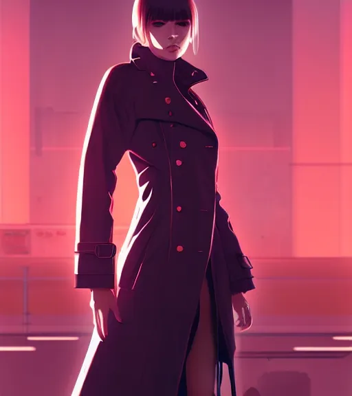 Image similar to realistic render of a cyborg - girl wearing a long trench coat by ross draws, futuristic dystopian city by ilya kuvshinov, digital anime art by ross tran, composition by sana takeda, lighting by greg rutkowski