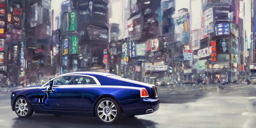 Image similar to a film still of a rolls royce wraith driving in the city of tokyo, oil painting, futuristic