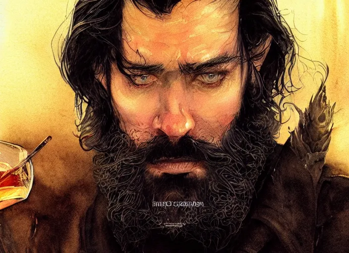 Image similar to close-up portrait, a handsome Frenchman with beard and long black hair toasting with the devil drinking whiskey, watercolor, dramatic lighting, cinematic, establishing shot, extremely high detail, foto realistic, cinematic lighting, digital art, vector, by Yoshitaka Amano, Ruan Jia, Kentaro Miura, Artgerm, post processed, concept art, artstation, matte painting, style by eddie mendoza, raphael lacoste, alex ross