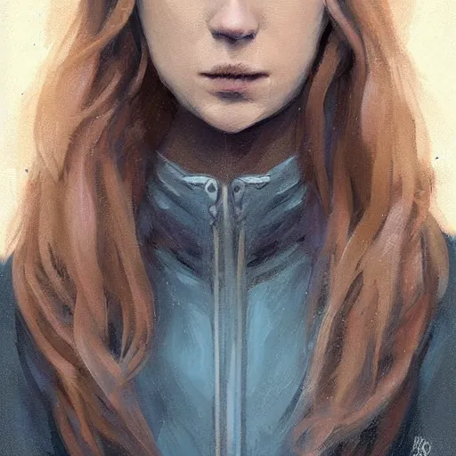 Image similar to Portrait of a woman by Greg Rutkowski, she is about 30 years old, pretty, blond hair with two strans around her face, slavic features, melancholic gaze, pretty aquiline nose, she is wearing a blue utilitarian jumpsuit, highly detailed portrait, digital painting, artstation, concept art, smooth, sharp foccus ilustration, Artstation HQ.