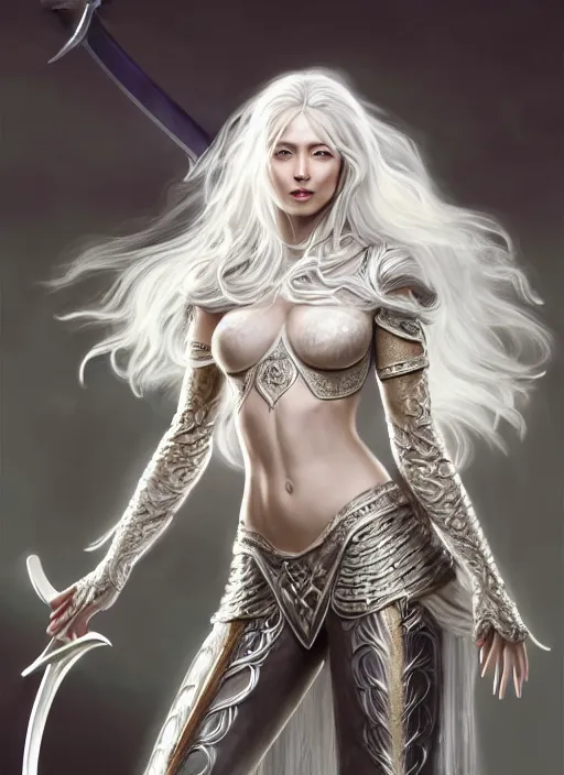 Image similar to full body painting of a woman with flowing luscious glowing white hair standing whilst holding a sword, wearing intricate plate - armor and leather underneath. intricate, elegant, highly detailed, digital painting, artstation, concept art, smooth, sharp focus, illustration, by terry wei, qiu fang, tooth wu, kan liu, siwoo kim, jisu choe