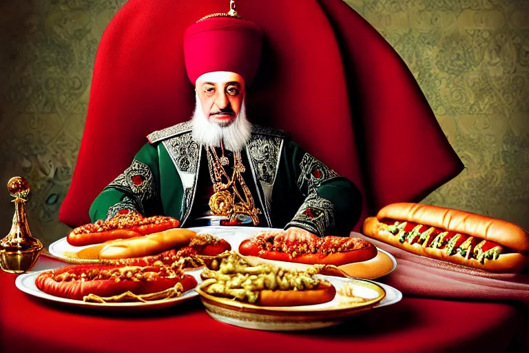 Prompt: Ottoman Sultan Mehmet IV sitting by a table full of delicious hot dogs, wearing big ovular turban and a luxurious Ottoman coat, mid-shot, cold lighting, photography from Vogue Magazine, neat, precise, realistic, detailed facial features, expressive, photorealistic, hyperrealism, micro details, HDR Shot, in the style of Martin Schoeller