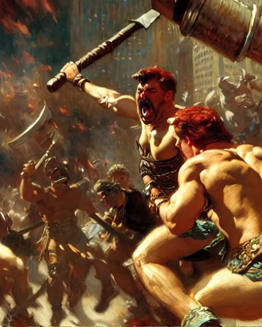 Prompt: a fierce barbarian yelling at stock brokers on wall street, painting by gaston bussiere, craig mullins, j. c. leyendecker