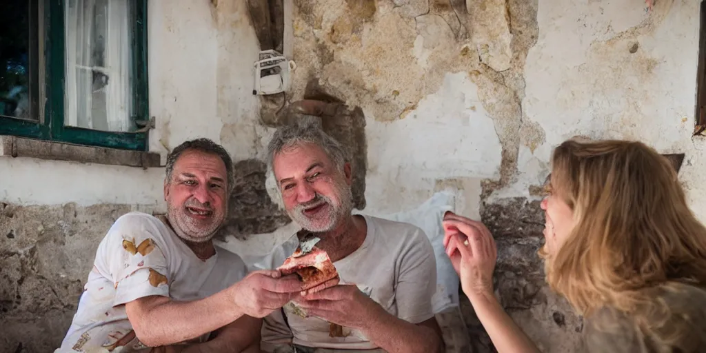 Prompt: cat sharing mortadella with his happy owner at a trullo house, photoreal, 3 5 mm, award winning photography