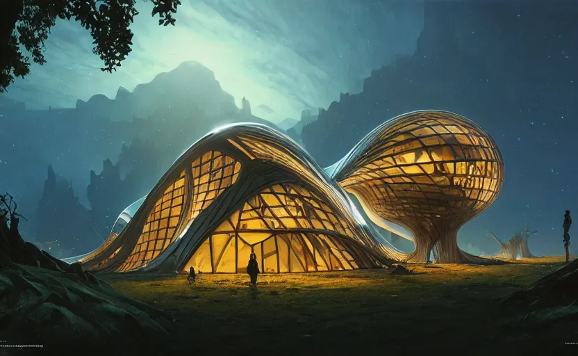 Image similar to exterior shot of witch hut utopian architecture transparent building with cinematic lighting by zaha hadid and renzo piano, darek zabrocki and greg ruthkowski, alphonse mucha, simon stalenhag, cinematic, stars, beautiful, holy place, paradise, scifi, futurism, atmospheric, concept art, artstation