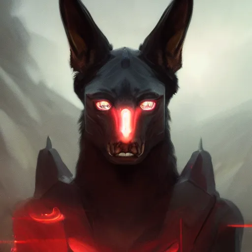 Prompt: portrait of a fierce anubis with red glowing eyes, by greg rutkowski, octane render, unreal engine, hyper realistic, digital art, unreal engine