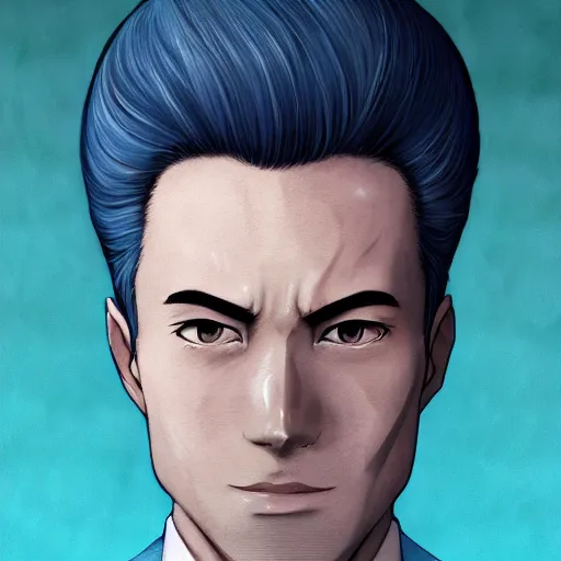Prompt: semi realistic anime illustration of short slick backed white haired man, wearing dark blue suit, with beautiful hyperdetailed sky blue eyes, grimacing, staring intensely, facing camera directly, full face portrait made by Stanley Artgerm, WLOP, Rossdraws, James Jean Andrei Riabovitchev, Marc Simonetti, Yoshitaka Amano, Artstation