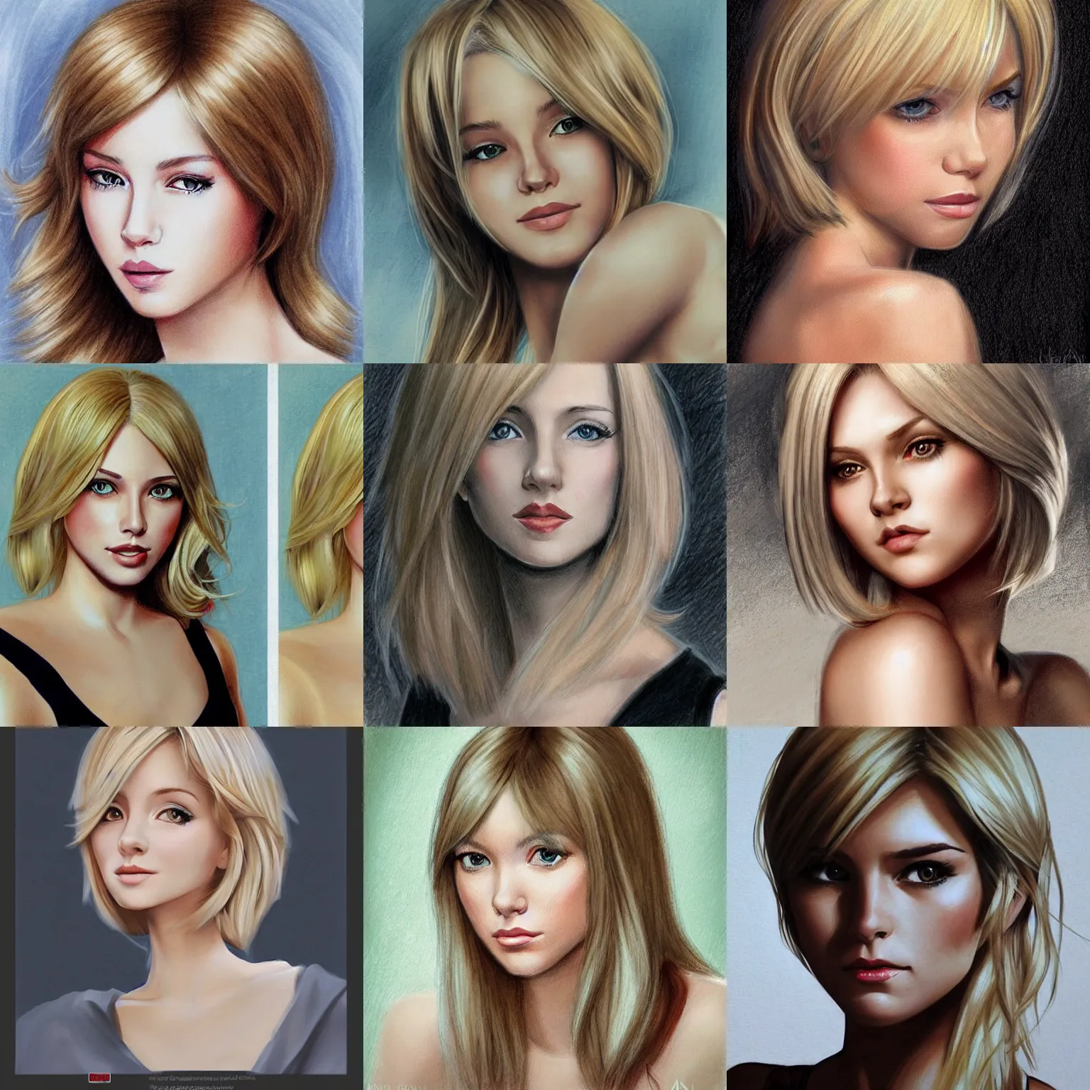 Prompt: high quality drawing of a female actress, with light blonde shoulder-length hair, in the style of mark arian and Ilya Kuvshinov