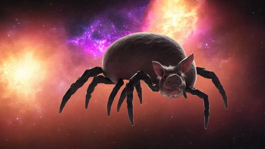 Image similar to pig spider hybrid on a planet. close bottom view. whole body. nebula background. cinematic composition. cinematic lightning. ultra realistic. 8 k. highly detailled. deep space. ultra realistic details. cinematic atmosphere. studio lighting. shadows. dark background.