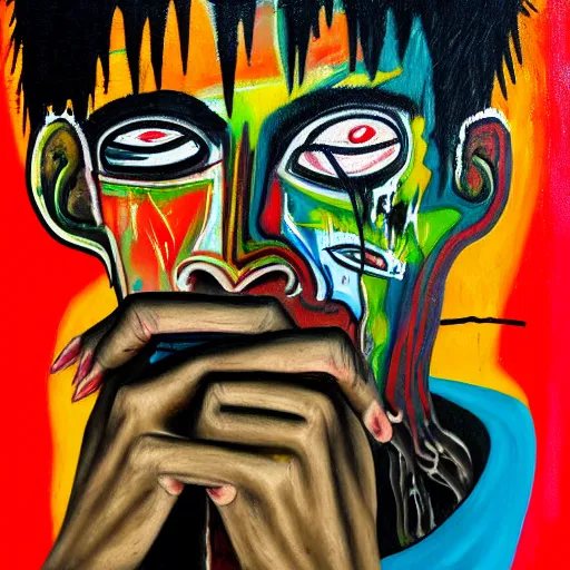 Image similar to detailed chaotic neo expressionism oil painting of sad boy rapper crying with tattoos by basquiat