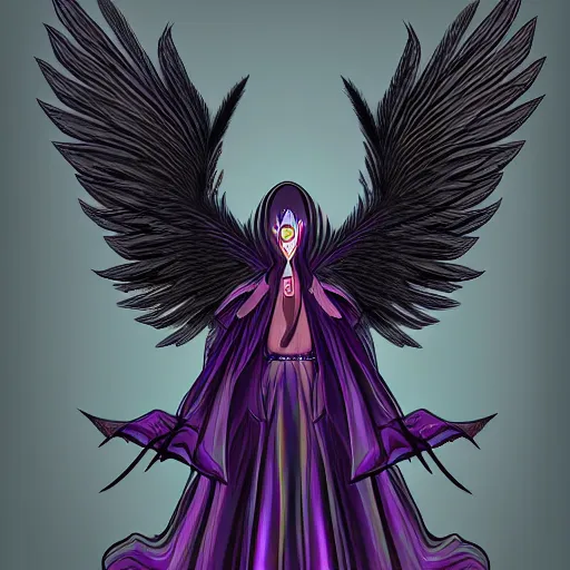 Prompt: character portrait of a modest robed dark raven angel with iridescent black raven wings