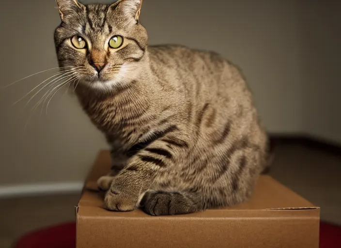 Image similar to photography of a Cat sitting on a box. in a room full of posters, photorealistic, raining award winning photo, 100mm, sharp, high res