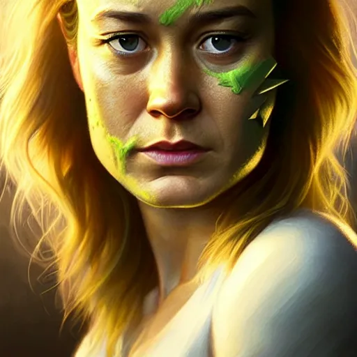 Image similar to portrait painting of brie larson with green skin and pointy ears wearing sci - fi clothes, ultra realistic, concept art, intricate details, eerie, highly detailed, photorealistic, octane render, 8 k, unreal engine. art by artgerm and greg rutkowski and charlie bowater and magali villeneuve and alphonse mucha