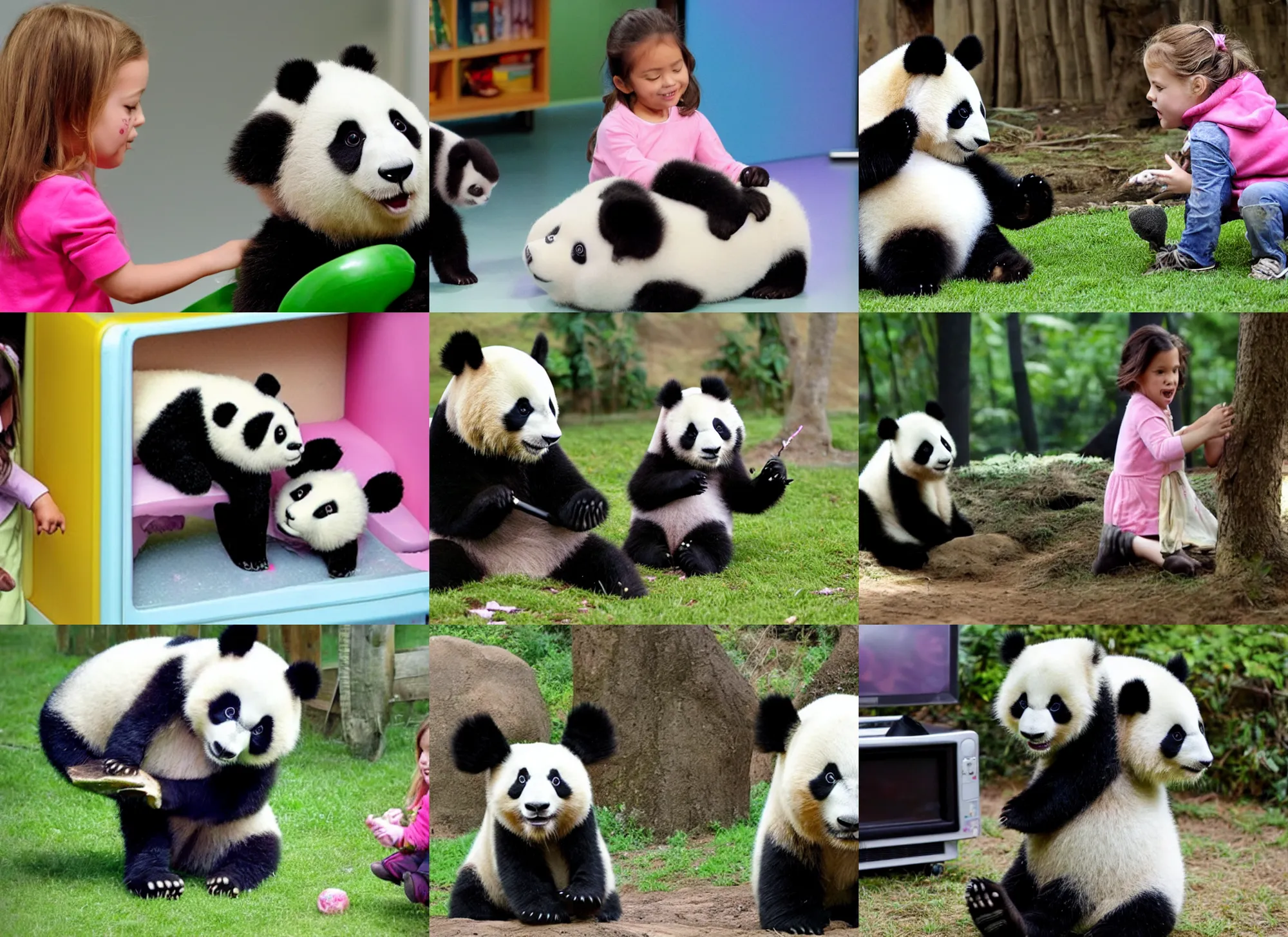 Prompt: funny tv show of a little girl playing on the panda.