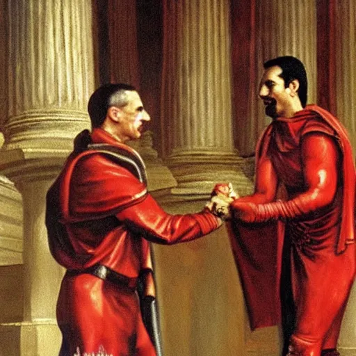 Image similar to freddie mercury shaking hands with julius caesar, painting 4 k masterpiece