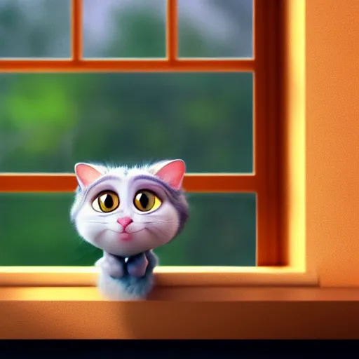 Prompt: a cute cat with big eyes looking at a cup of coffee in beautiful morning at a house window. Pixar Disney 4K 3d render funny animation movie Oscar winning trending on ArtStation and Behance. Ratatouille style.