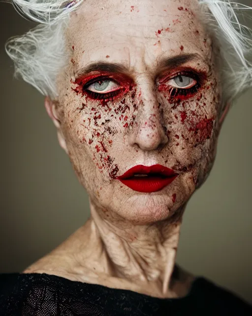 Image similar to Close-up portrait of a woman, close-up, high sharpness, zeiss lens, fashion photo shoot, flowers, white hair, freckles, Red lipstick, against gold, Annie Leibovitz and Steve McCurry, David Lazar, Jimmy Nelsson, artistic, hyper-realistic, beautiful face, octane rendering