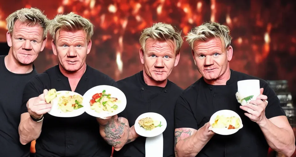 Prompt: gordon ramsay and gordon ramsay showing the camera a dish that each of them prepared