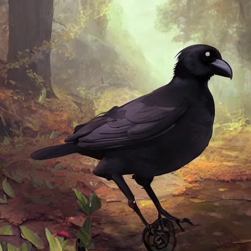 Image similar to concept art painting of a person with a head of a crow, with steampunk clothes, in the deep forest, realistic, detailed, cel shaded, in the style of makoto shinkai and greg rutkowski and james gurney