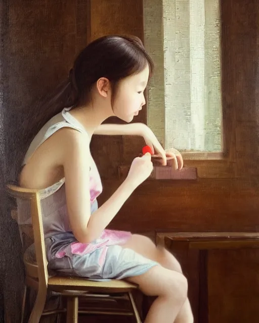 Image similar to the girl is sitting on a very high chair near the ceiling, wonderful eyes, her loose hair, delicate, intricate details, a real masterpiece, oil on canvas, author li zhang