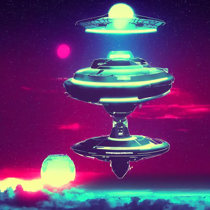 Image similar to a ufo, retrowave art