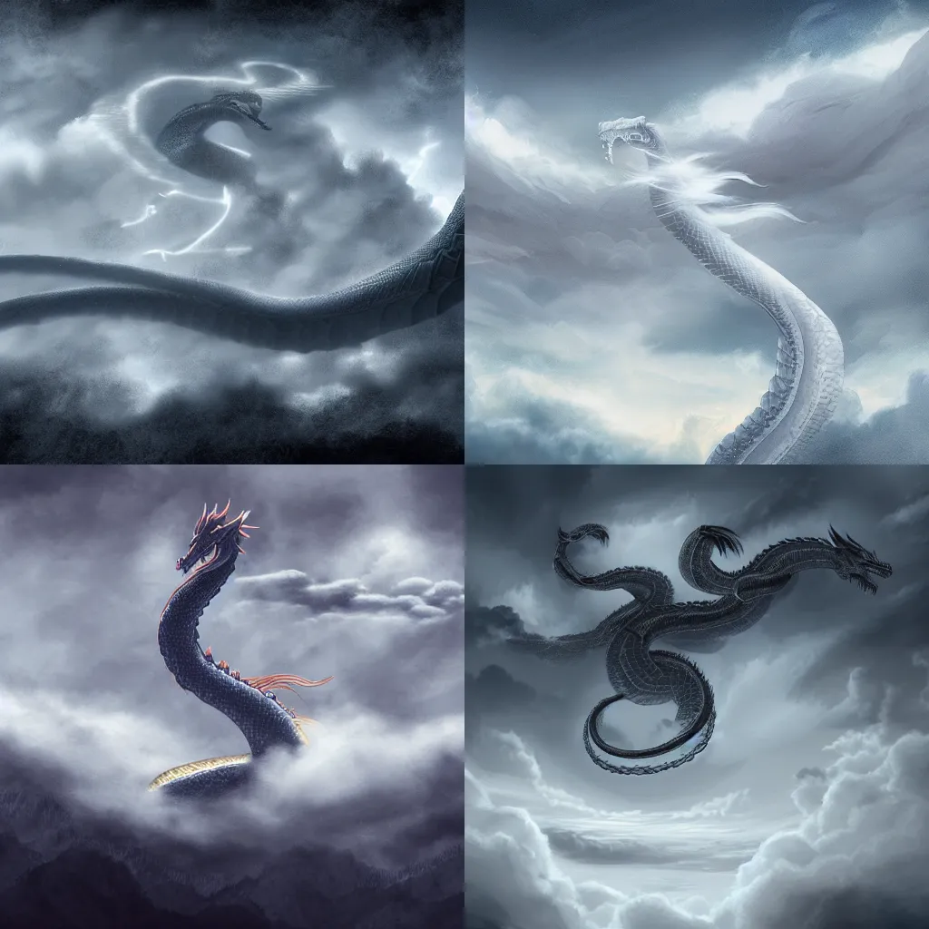 Prompt: Detailed digital art of a huge serpent dragon flying through the clouds. It is mostly shrouded by fog and clouds. Featured on Artstation