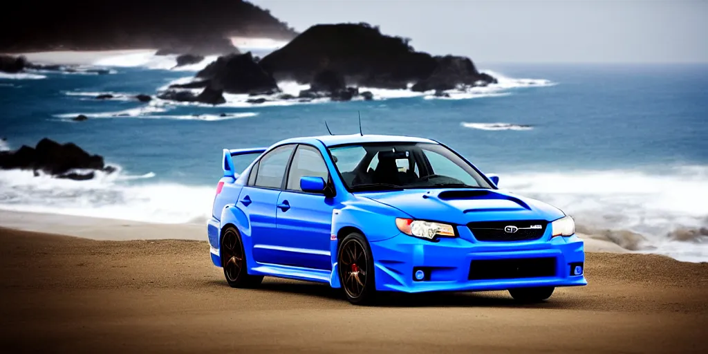 Image similar to photograph, 2007!! Subaru WRX STi, cinematic, california coast, ocean view, 8k, depth of field, bokeh.