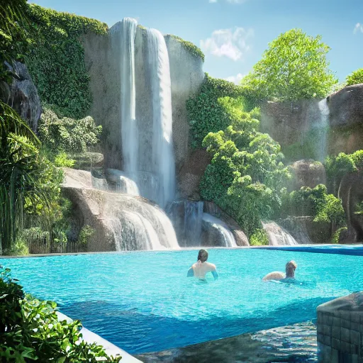 Image similar to a large swimming pool with a waterfall in the middle of it, a digital rendering by ricardo bofill, featured on tumblr, aestheticism, vray, sanctuary, rendered in unreal engine