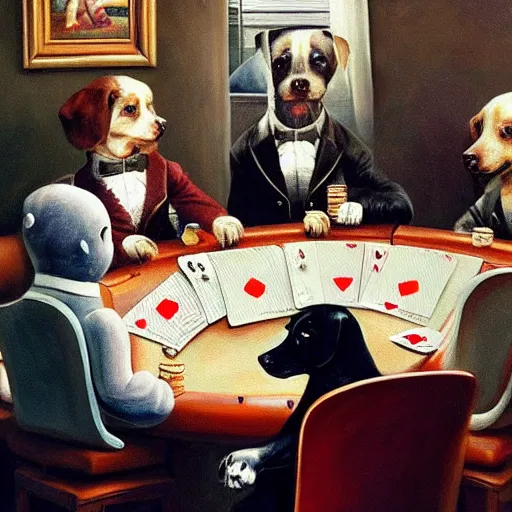 Prompt: 4 dogs playing poker oil painting high detail,