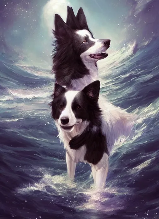 Prompt: beautiful portrait of a cute male anthropomorphic border collie fursona wearing a spacesuit in the ocean. by charlie bowater, henry asencio, and ross tran. scenic background, detailed, concept art, detailed hands, glamor pose, aesthetic, trending on artstation, top rated on furaffinity and deviantart