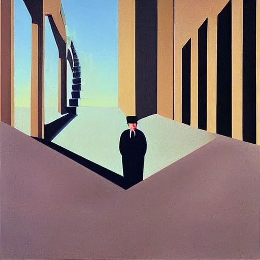 Prompt: “ painting by magritte and jeffrey smart and de chirico, featuring stairs, and man in hat ”