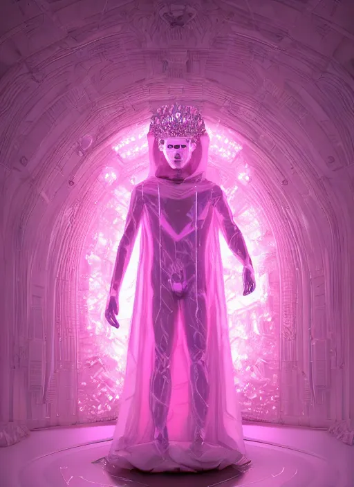 Prompt: photo of fullbodied baroque and bladerunner delicate neon diamond sculpture of seductive ceramic albino marble prince brian whittaker dotado mint iridescent humanoid deity wearing pink plastic trashbag hooded cloak holding diamond skull in a white alien dungeon, reclining, glowing magenta face, crown of white diamonds, cinematic lighting, photorealistic, octane render 8 k depth of field 3 d