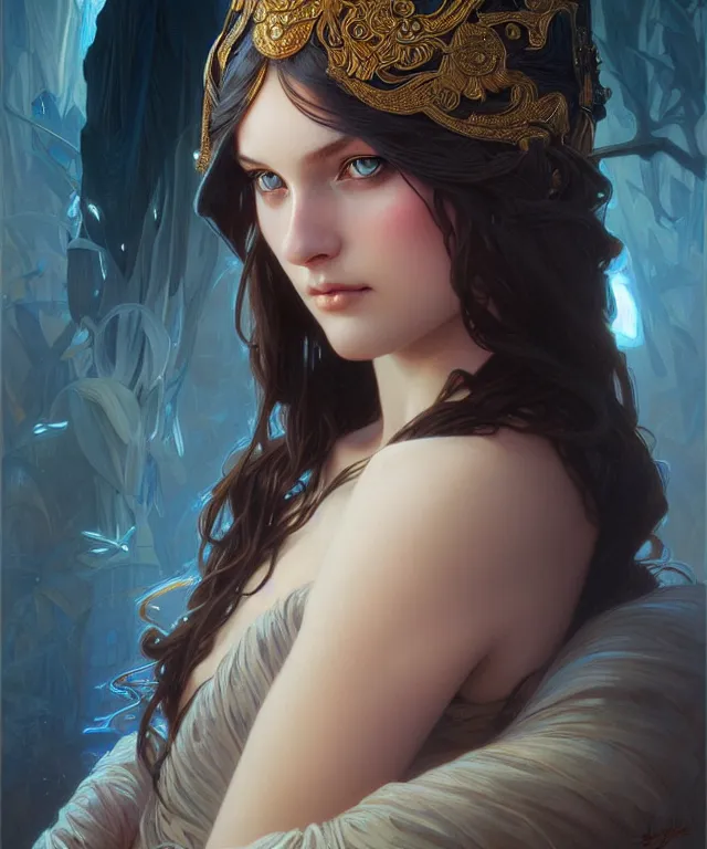 Prompt: young goddess, portrait, blue eyes, beautiful face, long hair, fantasy, ornamental, intricate, elegant, sensual, highly detailed, digital painting, artstation, concept art, smooth, sharp focus, illustration, art by artgerm and Greg Rutkowski and Alphonse Mucha