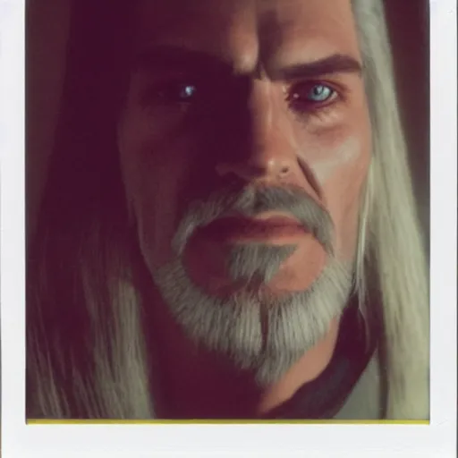 Prompt: polaroid of geralt of rivia face shot by Tarkovsky