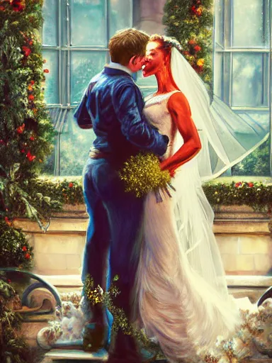 Prompt: a couple getting married under the mistletoe outside. celebration freedom excitement intricate, elegant, highly detailed, digital painting, artstation, concept art, sharp focus, illustration, by justin gerard and artgerm, 8 k