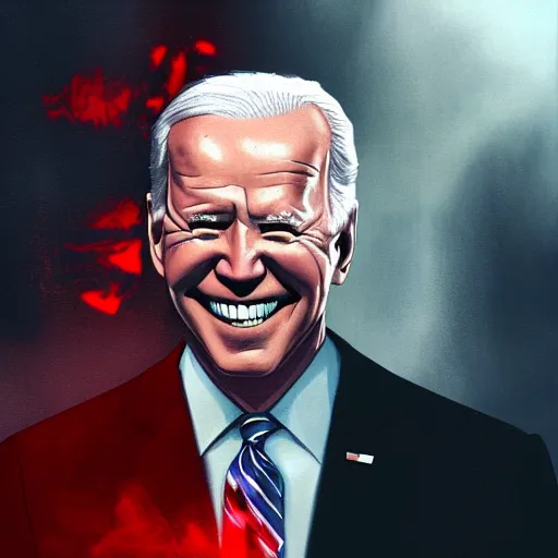 Image similar to joe biden smiling with blood in his face while behind him the world is burning, dramatic lighting, cinematic, establishing shot, extremly high detail, photorealistic, cinematic lighting, artstation, style by James Gurney