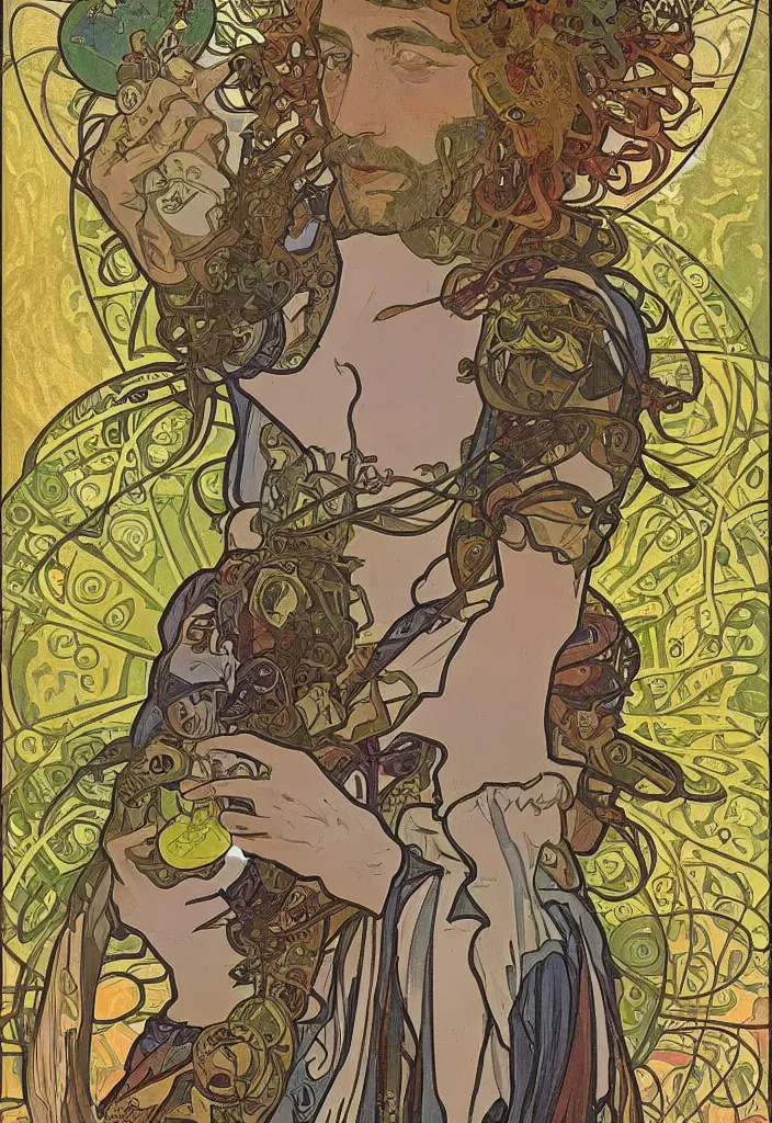 Image similar to Jurgen Schmidhuber on a tarot card, tarot in art style by Alphonse Mucha