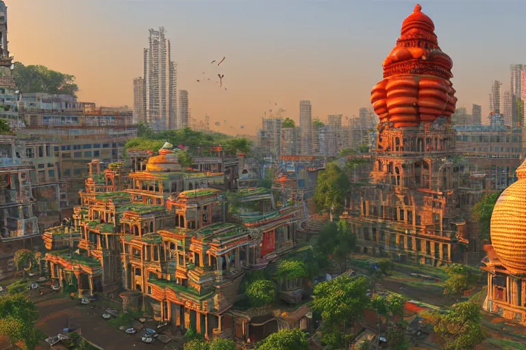 Image similar to high quality 3 d dreamscape! mumbai with biomorphic hanuman!! head building, kalighat, unreal engine hyperrealistic cinematic smooth, stephen shore & john j. park, soft morning light, wide shot, high angle, uhd 8 k, deep focus