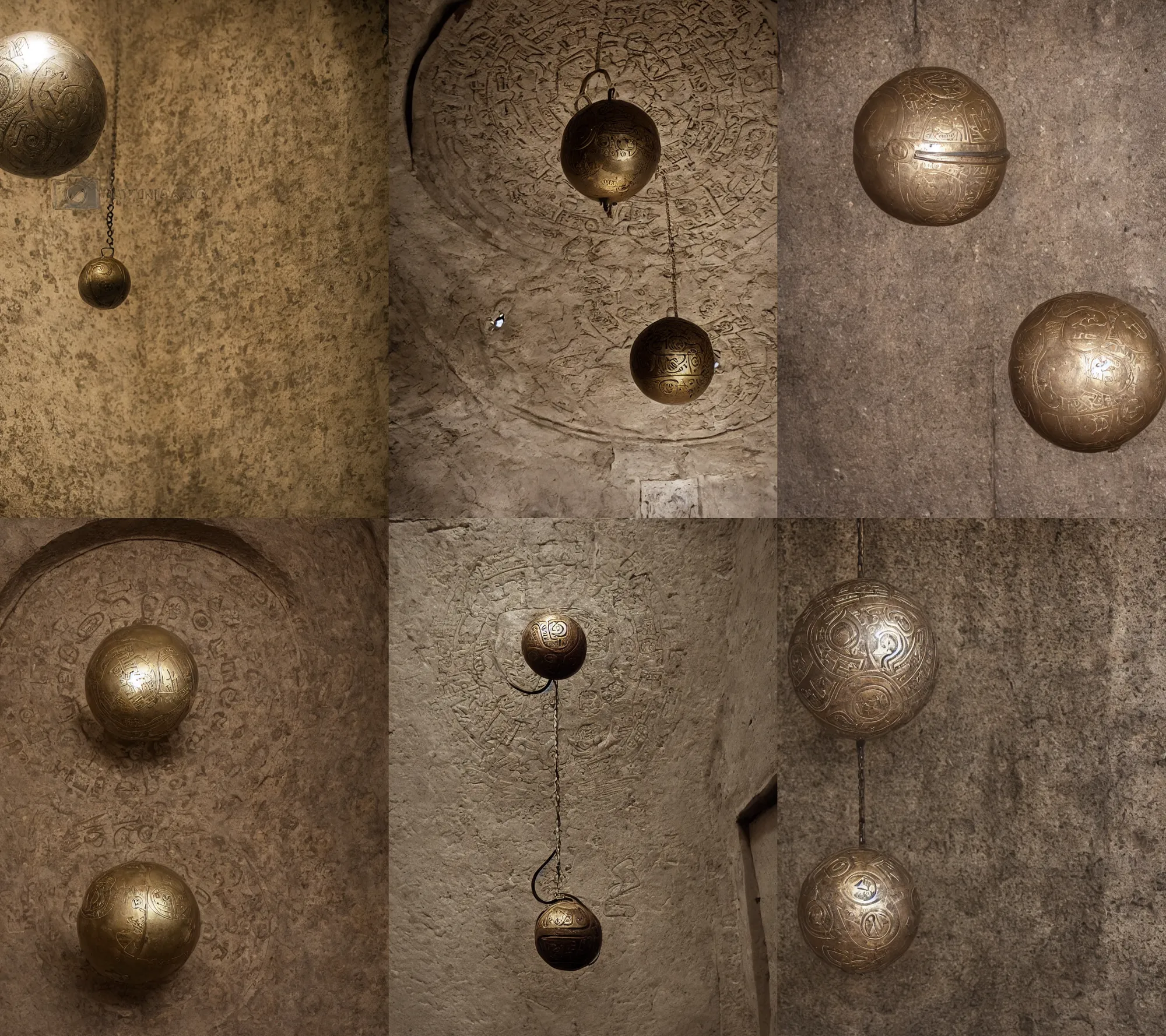 Prompt: an iron ball with weird symbols engraved on it, the ball is on a pedestal in a midle of a room in an antic temple. the light enter the room by a hall in the ceiling. close - up