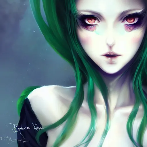 Image similar to facial portrait of a young pretty anime woman, green hair, dark eyes, gothic eyeliner, character concept art, headshot, Charlie Bowater, Anna Dittmann, WLOP, Rumiko Takahashi, Akihiko Yoshida, Hyung-tae Kim, alexander mcqueen, trending on Artstation