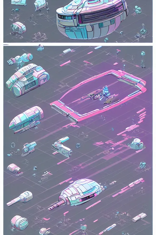 Prompt: space ship isometric design, pixel art, sprite sheet, game resources, futuristic van by josan gonzalez, victor calleja
