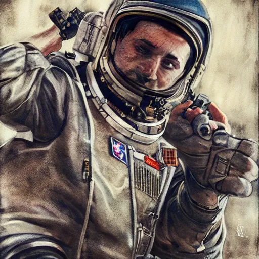 Image similar to [Dieselpunk cosmonaut, checkered flag, very detailed, cinematic lighting, matte, sharp, photography, art by enki bilal]