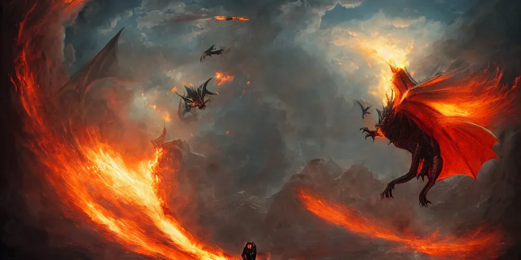 Image similar to Sauron flying in front of the Eye of Souron, a dragon throwing fire, backlighting, oil painting, by Greg Rutkowski